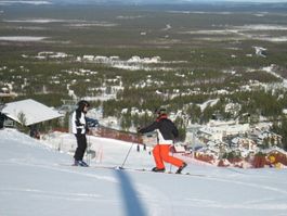 Two skiers on the sunny fell