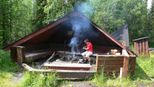 Bonfire in a small cabin in the forest